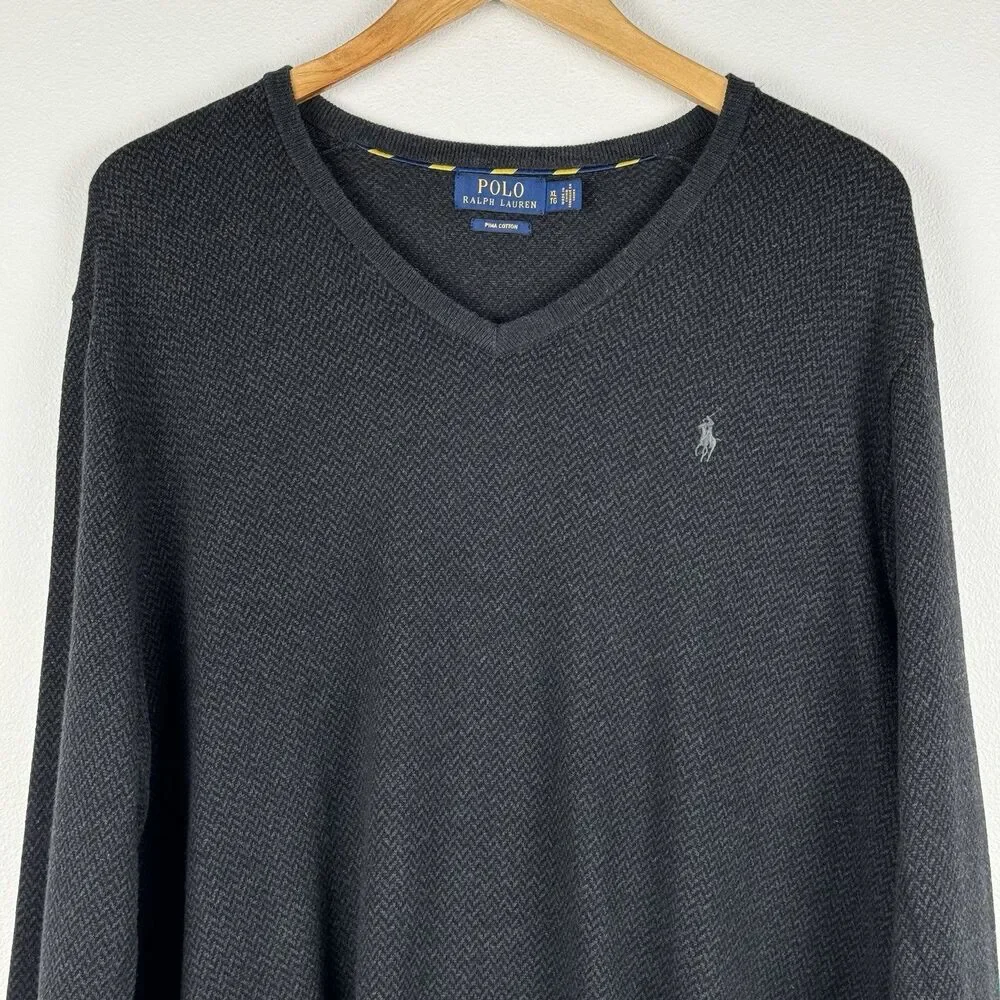 POLO RALPH LAUREN Mens XL Black Pima Cotton V-Neck Long Sleeve Sweater Pullover